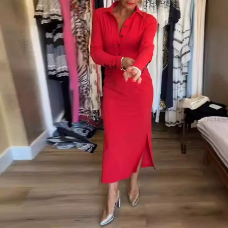 Бренд 2024 Осень в британском стиле темпераментная женская полиэфирная длинная юбка с длинными рукавами рубашка с воротником