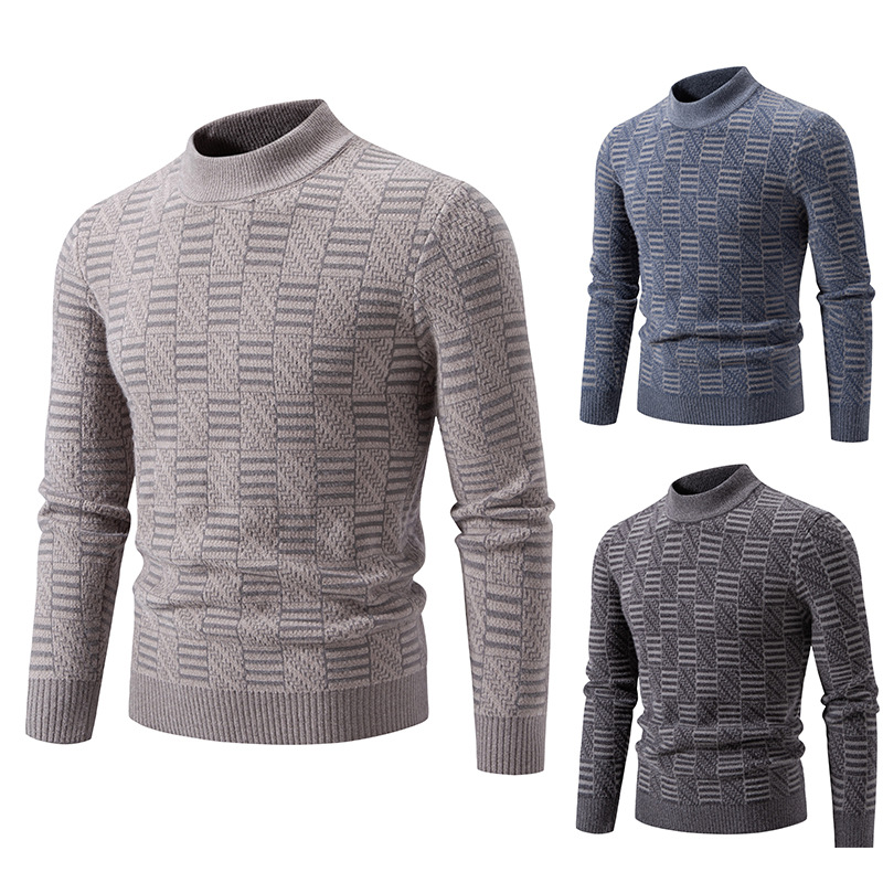 Herrenbekleidung: Lässiger Herrenpullover mit halbhohem Rollkragen, lockerer Passform, Jacquard-Strick, Langarmpullover für den Winter (Dunkelgrau, Marineblau, Khaki)_voghion.com