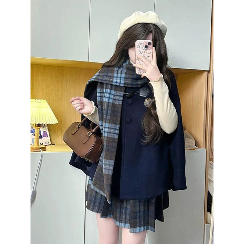 Jk Uniform Woolen Cloak Suit Women's Autumn and Winter 2025 New Fashion Blue Plaid Cloak Scarf Collar Woolen Jacket