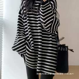 秋冬新款港风宽松大码百搭软糯中长款黑白条纹毛衣女打底衫上衣
