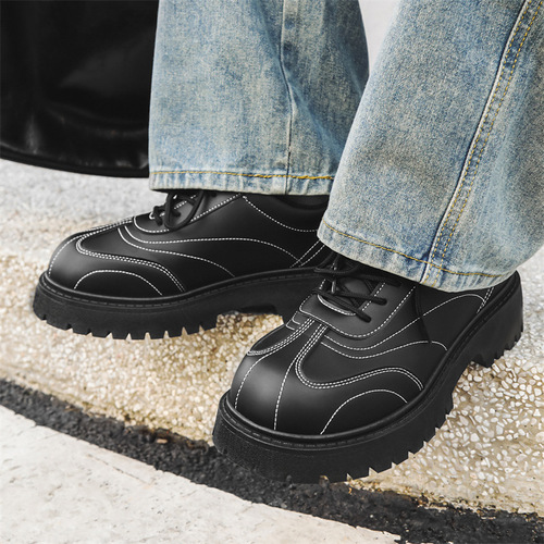2024 New Black Casual Leather Shoes for Men with Big Mickey Derby Style, Uncommon Low-Top Thick Sole Height Increasing Men's Shoes Z15