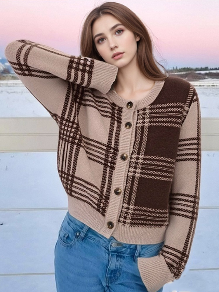 Suéter de estilo retro de una sola fila de hebilla a cuadrillas para mujeres 2025, nuevo estilo de otoño e invierno transfronterizo europeo