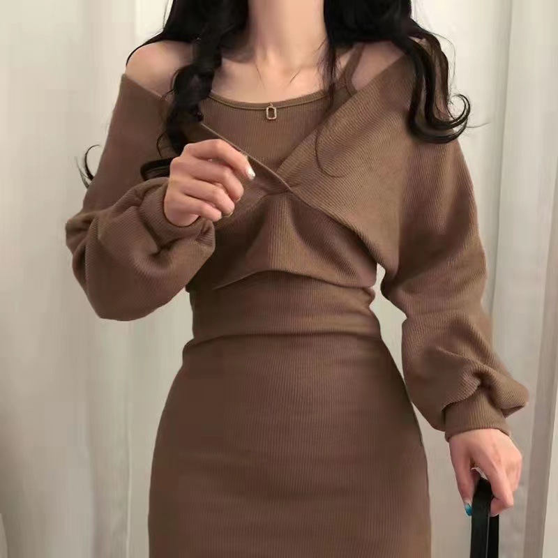 2023 New AuTumn and WinTer French STyle Suspender SkirT + Blouse T-shirT Long-sleeved SuiT Women's Slim Pure Color Dress