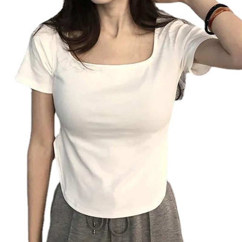 Camiseta de Verano 2025, Estilo Nuevo, Pura y Sexy, con Cuello en U Grande, Estilo Picante, Ajustada, de Manga Corta Irregular para Mujer image 6