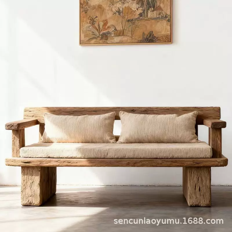 侘寂风纯实木沙发民宿酒店客厅原木沙发椅老榆木靠背双人沙发椅