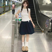 H1223日系藏青色半身裙女春夏新款高腰显瘦a字短裙小个子五分伞裙