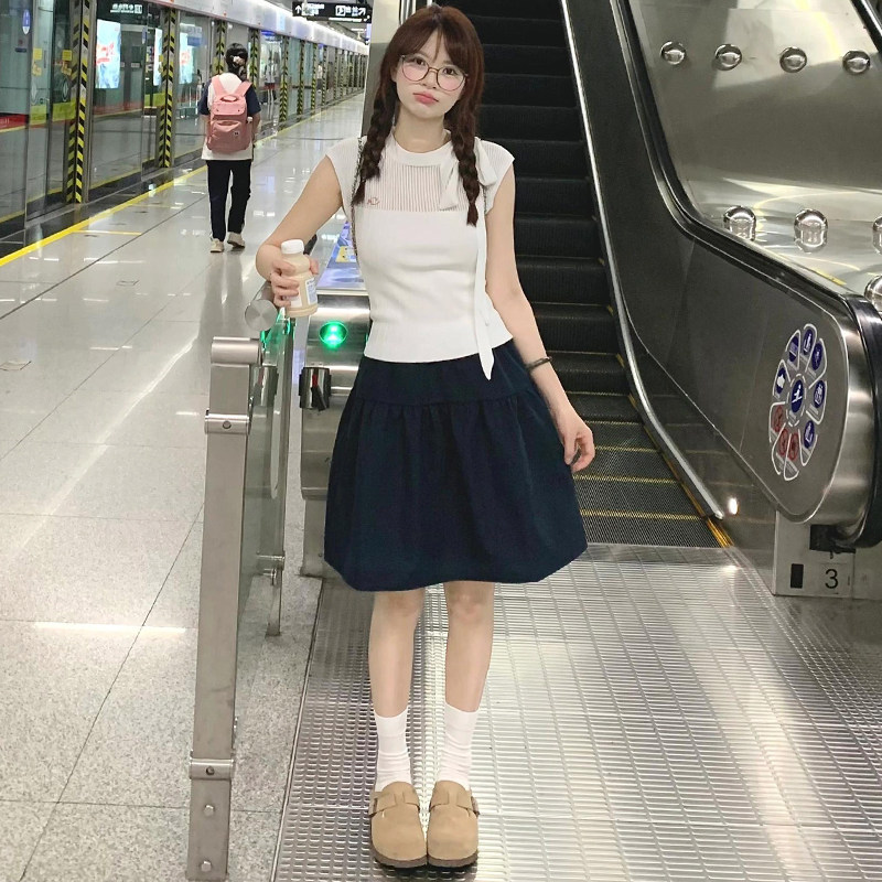 H1223日系藏青色半身裙女春夏新款高腰显瘦a字短裙小个子五分伞裙