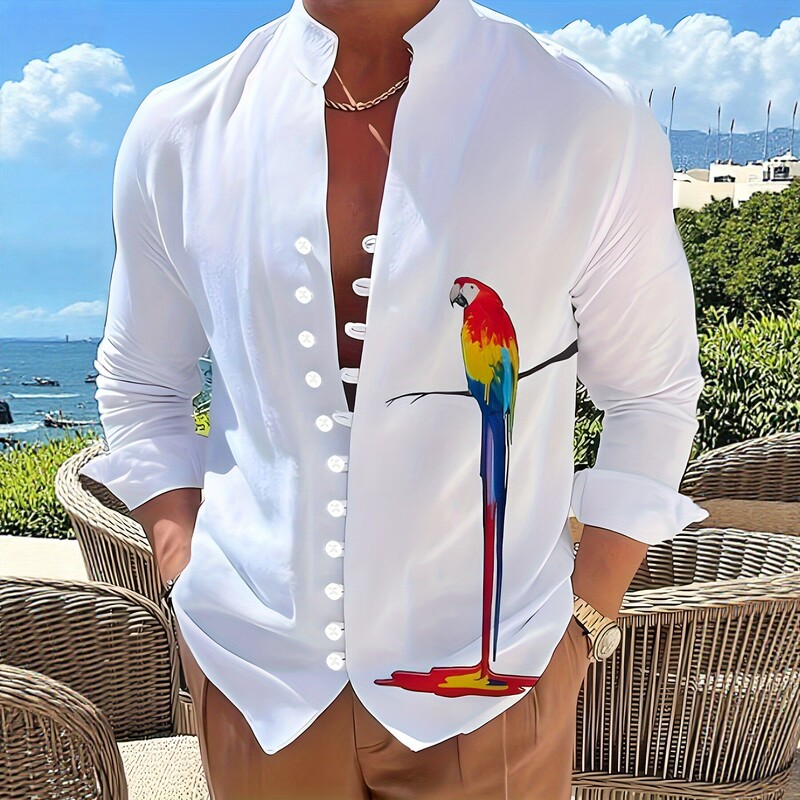 Cross-Border Shirt with Buttons, Men's Fashion, Artistic Colorful Parrot Digital Print, Stand-Up Collar, Long-Sleeve Shirt, Trendy Men's Shirt