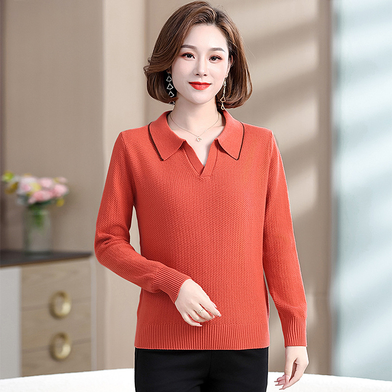 2025年新款中老年女裝針織衫純色翻領(lǐng)T恤年輕媽媽裝毛衣秋冬打底，女裝針織衫/毛衣，妃慕昵服飾