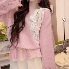 氛围感甜美慵懒风针织2025秋季新款蝴蝶结拼接蕾丝绑带温气质上衣