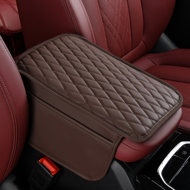 Elegant diamond-patterned leather car center console surface support pad, armrest box protector, in-car storage and height-increasing accessory