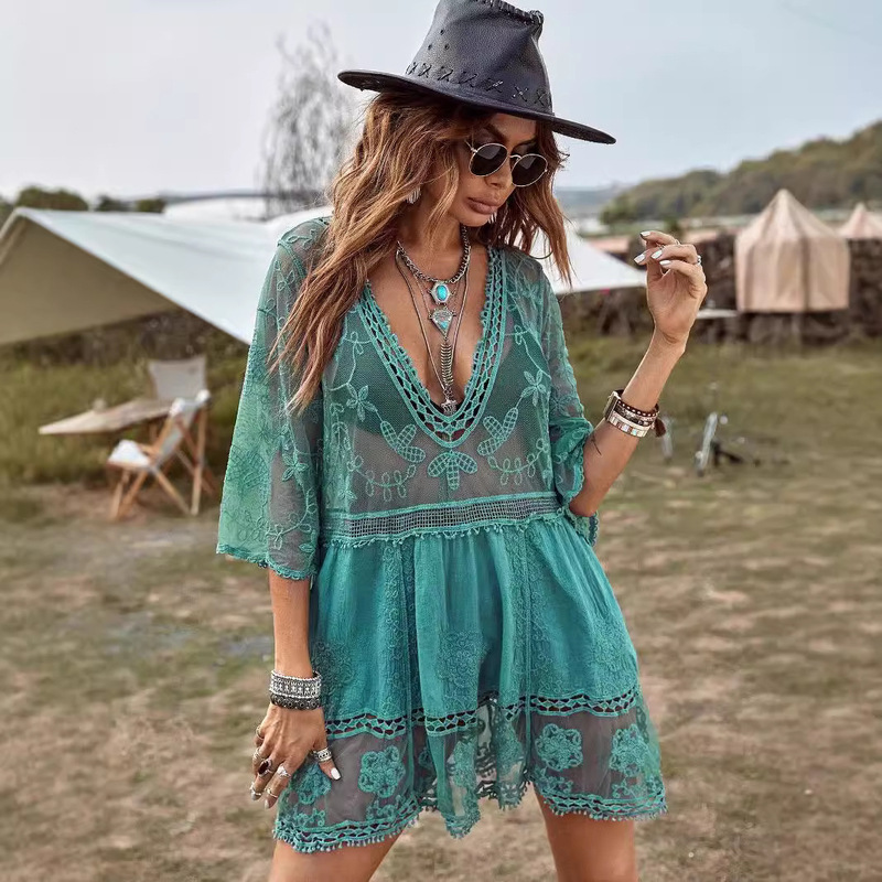 Cross-border Beach Sun Protection Suit Sexy Lace Loose Holiday Beach Blouse Skirt Bikini Swimsuit Hollow Cover Hollow