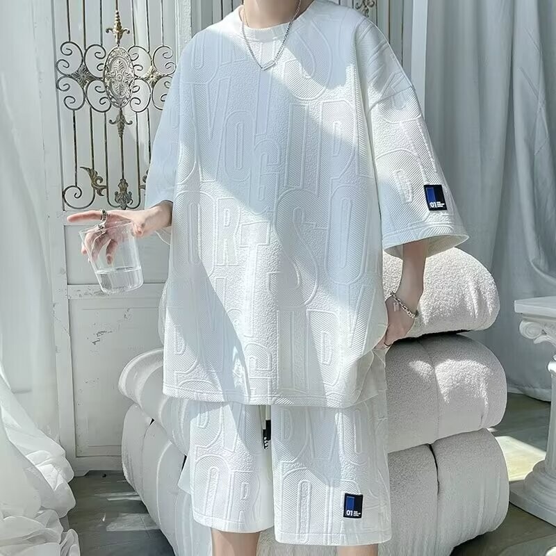 Men's Summer Teenager Men's Sports Short Sleeve Shorts with a Set of T-Shirt Top Waffles Casual suit Men's Summer Teenager Men's Sports Short Sleeve Shorts with a Set of T-Shirt Top Waffles Casual suit