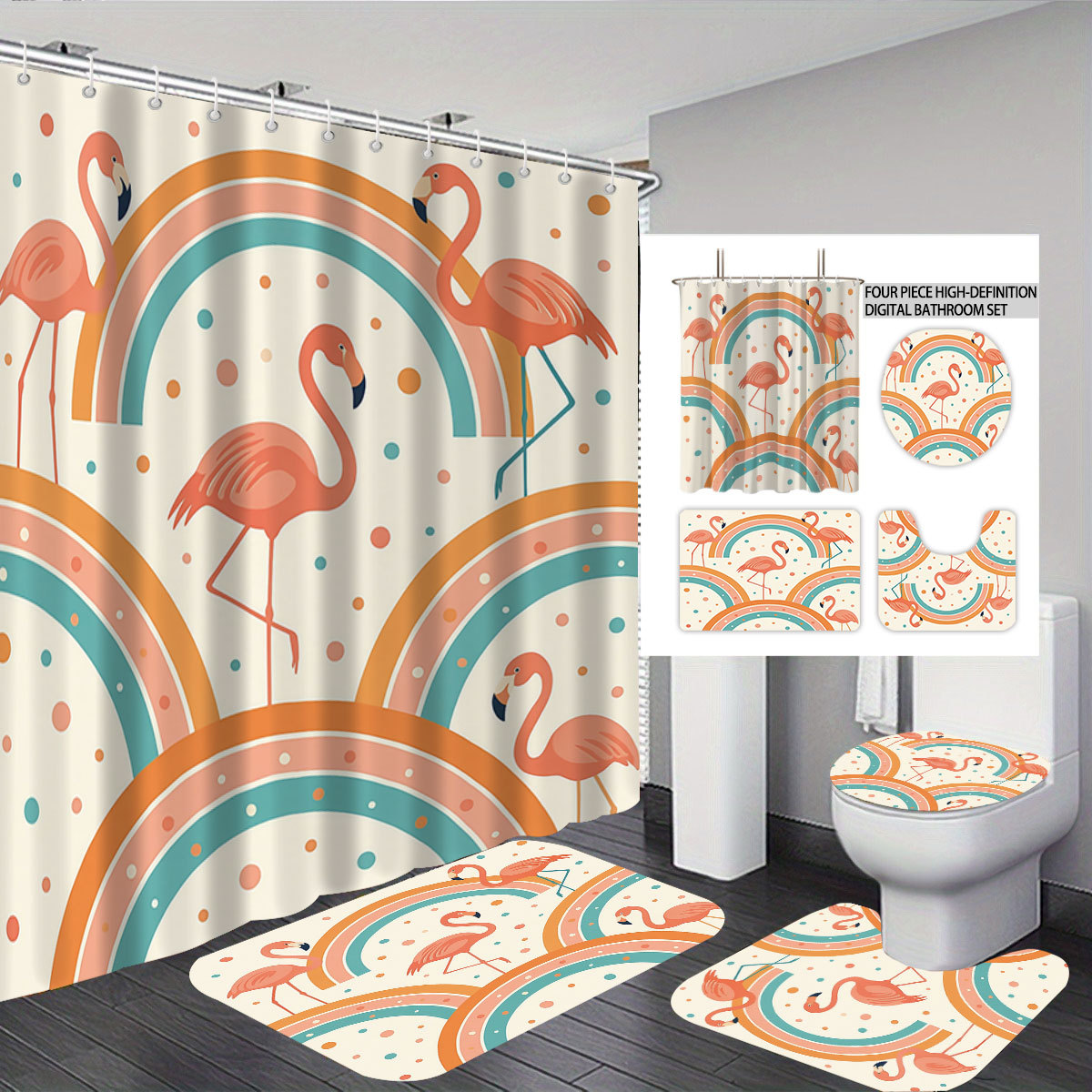 temu cortina de baño de lona impermeable cuatro piezas floral impresión digital poliéster cortina de baño una cortina de partición de cabello