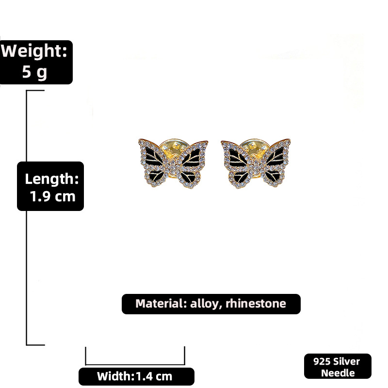 Fashion Black Inlaid Rhinestone Butterfly Stud Earrings Wholesale Nihaojewelry display picture 2
