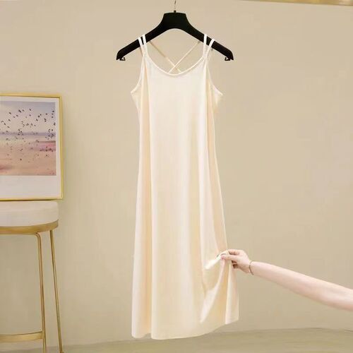 Loose Plus Size Summer New Strappy Ice Silk Dress for Women, Long-Sleeve Solid Color Simple Slimming Fashion Strap Dress