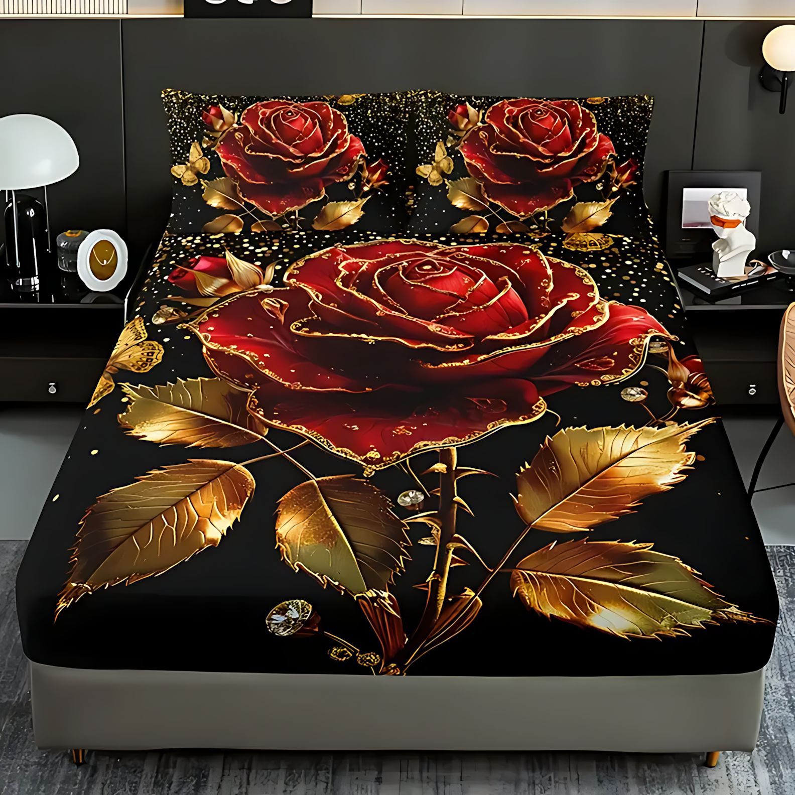 TEMU / JIT serie de rosa dorada negra impresión digital HD cama camisa colchón conjunto de dibujo se puede ajustar