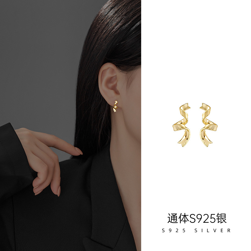 S925銀扭曲長款耳墜耳環女法式不規則扭紋高級感耳釘質感絲帶配飾