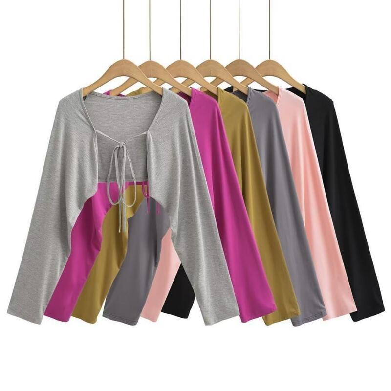 European and American style lace-up long-sleeved shawl women's summer thin all-match waistcoat outer cardigan small coat blouse