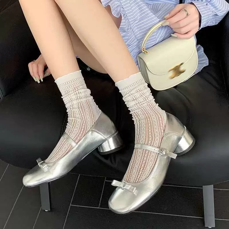 Женские туфли Sweet Bowknot с неглубоким носком на массивном каблуке, весенний новый стиль 2025 года, туфли Мэри Джейн.