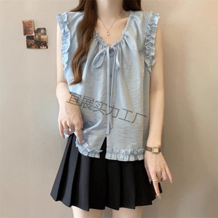 Sleeveless Vest Shirt for Women's Outer Wear Summer 2025 Large Size Fat Design High-End Edge V Neck Top Western Style Shirt
