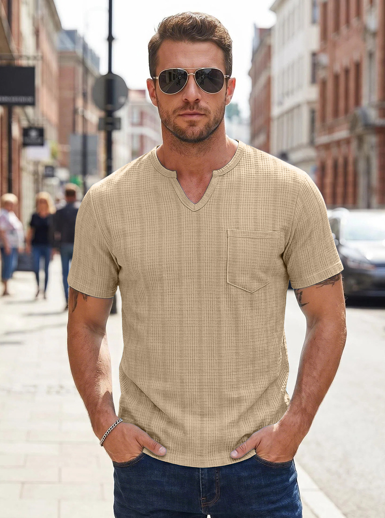 Transfronterizo Amazon hombre de verano imitación de lino de cuello V camiseta de color sólido europea y americana transpirable gran tejido americano de manga corta