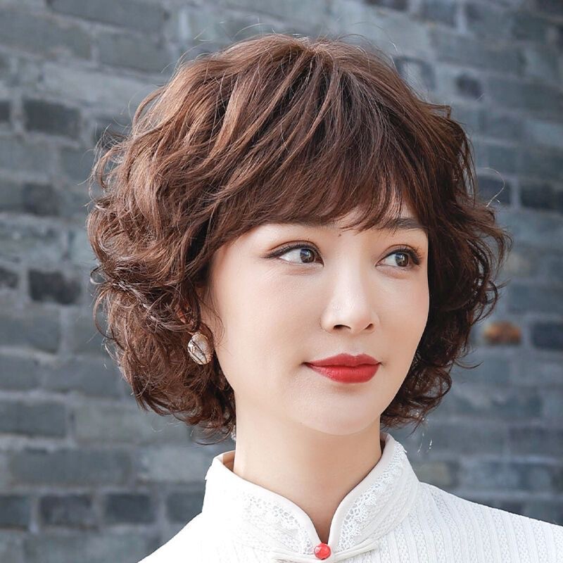 Wig Real Hair Full Real Hair Middle-aged and Elderly Short Curly Hair Wig Cover Mother Full Head Cover Women's Natural Real Hair Cover