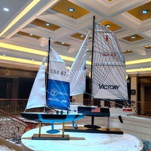 地中海风格创意家居装饰摆设实木帆船模型摆件手工艺蓝白木船小船