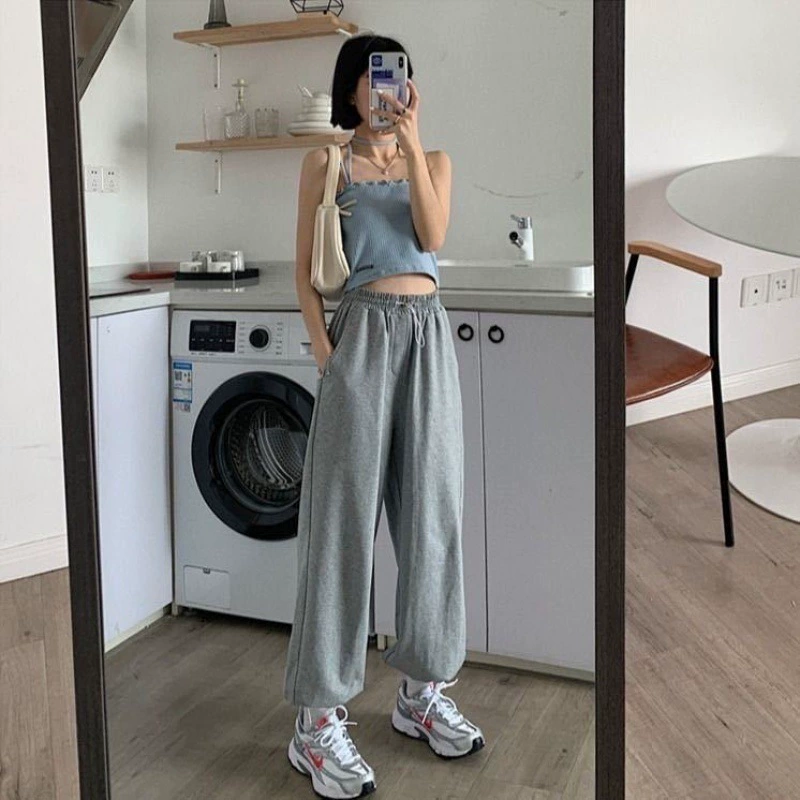 Новый стиль с высокой талией тонкие, дикие штаны с укорочением для детей chic корейская версия свободных тонких спортивных брюк Net Red