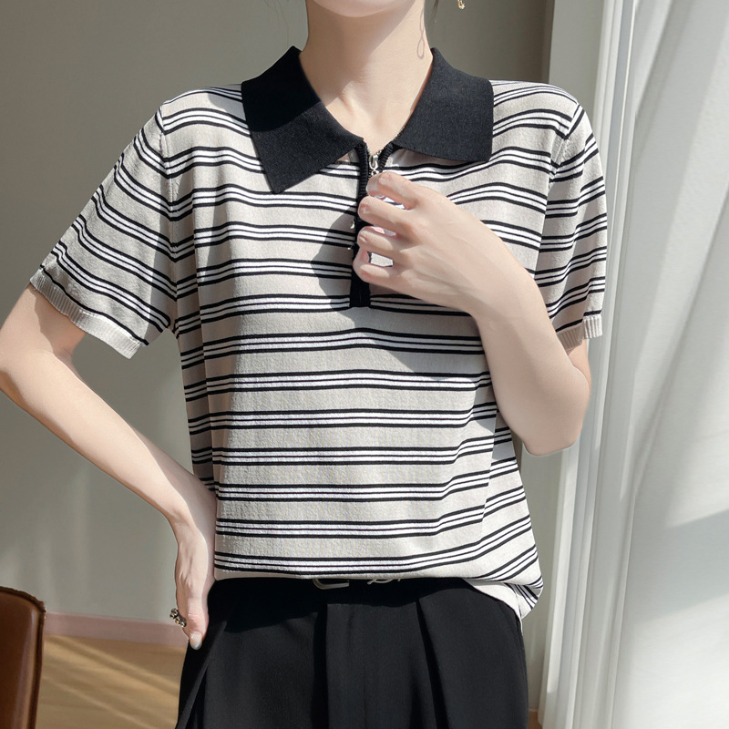 25 years summer new curve bead lapel half zipper sweater short sleeve T-shirt women's color matching striped bottoming shirt top