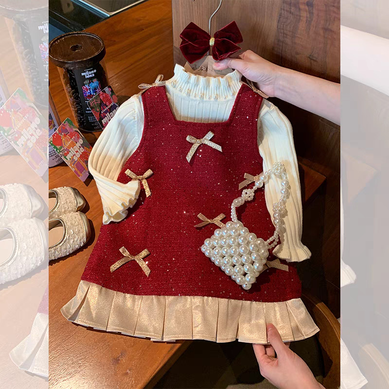 Vestido de Niña Dulce para Otoño e Invierno, Nuevo Estilo, Forrado de Felpa, Rojo, Ropa de Invierno para Niños, Vestido de Cumpleaños, Vestido de Princesa