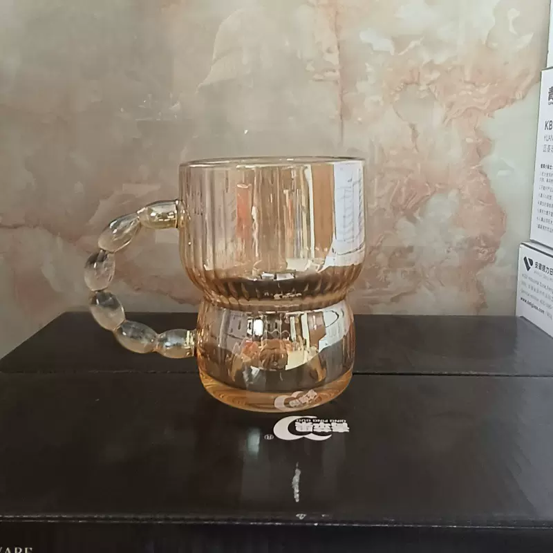 珍珠把柄玻璃杯炫彩咖啡可乐杯网红奶茶杯马克杯琥珀色水杯亚马逊