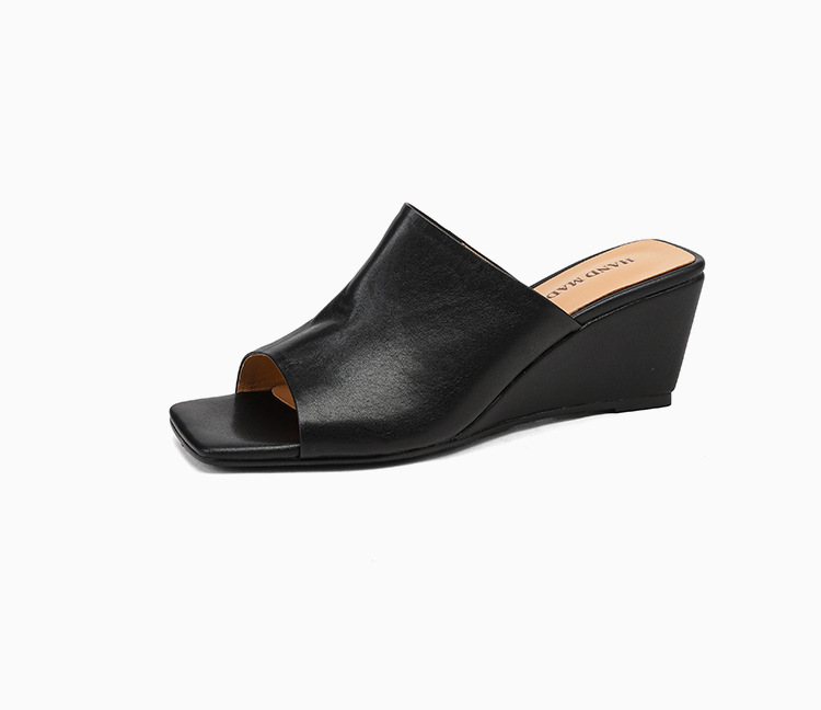 Sandal cao gót nữ hở mũi da bò mũi vuông quai ngang đế xuồng — màu đen, Màu caramel chi tiết 15