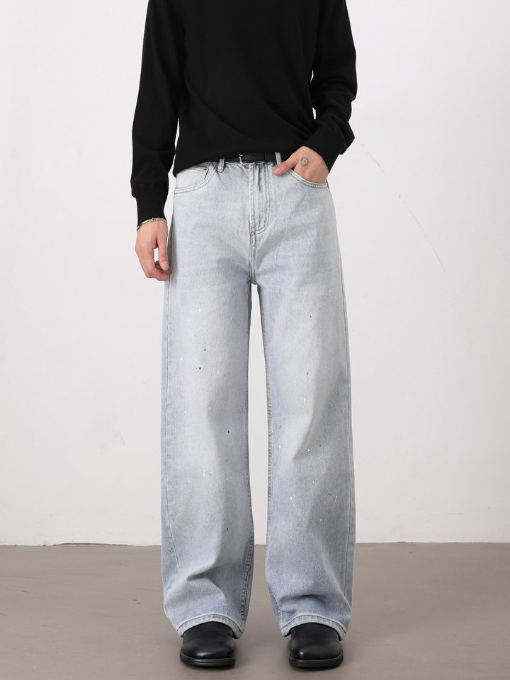 Quần jeans nam ống rộng dáng suông giặt mài họa tiết vẩy mực — Màu xanh dương