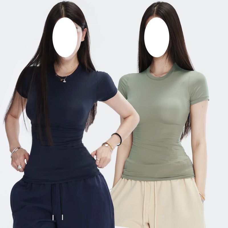 半袖春夏スリムフィット伸縮性右肩タイトピンクTシャツ半袖トップス女性用|undefined