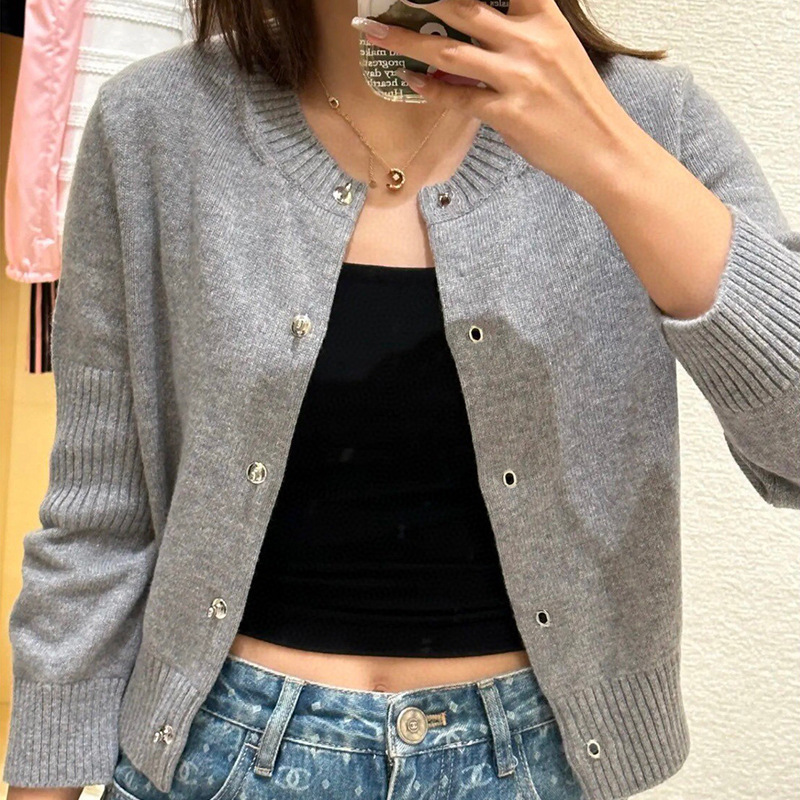 Original Replica Shenzhen Nanyou Early Autumn Chanel-Style Backpack Buckle Elastic Slim-Fit Wool Cardigan