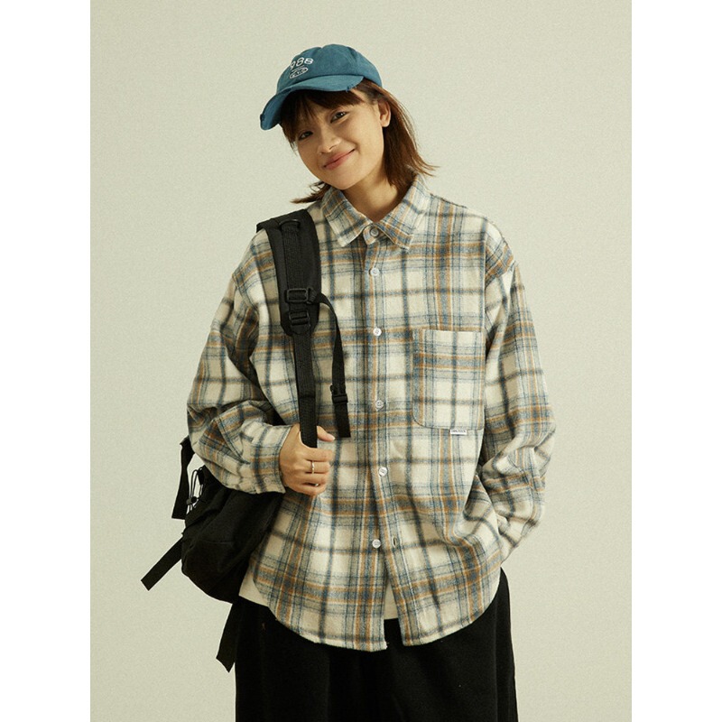 Goodnorth Japanese Retro Woolen Plaid Long-Sleeved Shirt Loose Casual Versatile Shirt Jacket for Men and Women