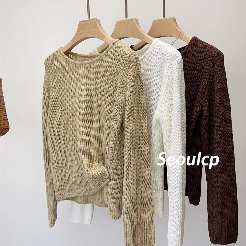 Soft Khaki Rolled Edge Long-Sleeve Knit Sweater T-Shirt for Women, Autumn and Winter High-End Sweater, Lazy Inner Base Layer Soft Khaki Rolled Edge Long-Sleeve Knit Sweater T-Shirt for Women, Autumn and Winter High-End Sweater, Lazy Inner Base Layer