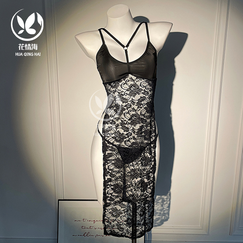 Floral Sea Sexy Lingerie Pure Desire Style Camisole Nightgown Romantic Lace High Slit on Both Sides See-Through Long Dress A214