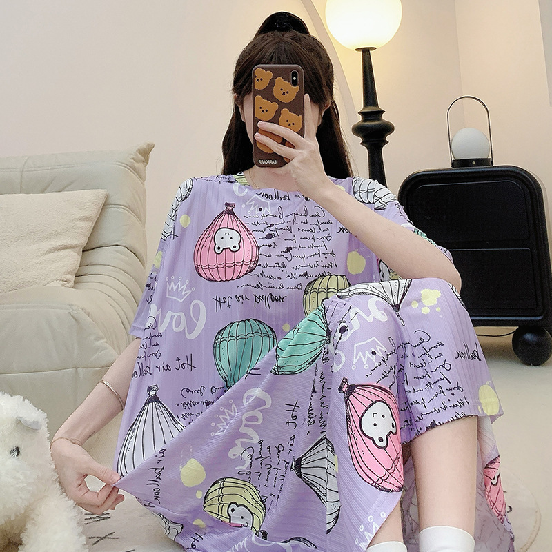 Wholesale foreign trade plus-size women's pajamas, new summer sweet plus-size dresses for plus-size girls 150kg mid-length nightgown