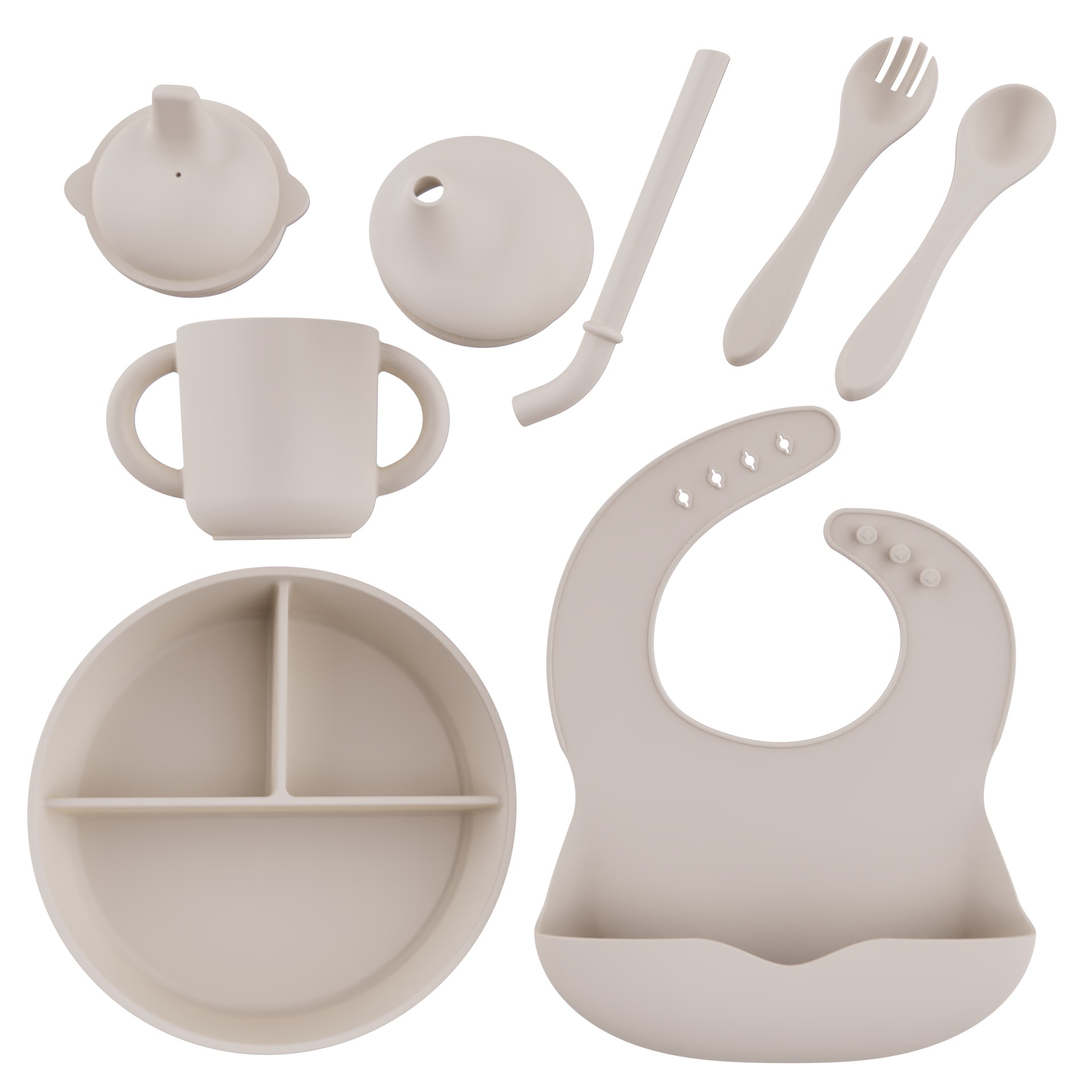 Set de cubiertos de silicona para bebés 5 piezas set de platos de comedor de tres cuadrados Bajazo de paja taza de agua silicona tenedor cuchara 5 piezas set de alimentos suplementarios