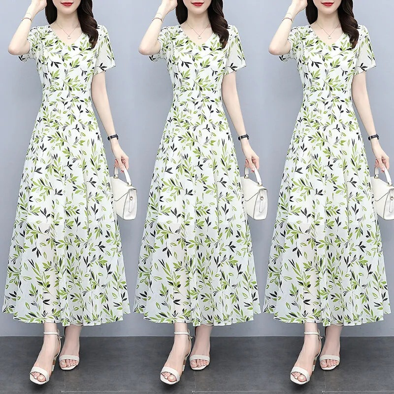 Summer New Mid-length Over-knee Large Swing Floral Fashion dress Women's Tight Waist Slimming plus size Long Dress Beach Dress