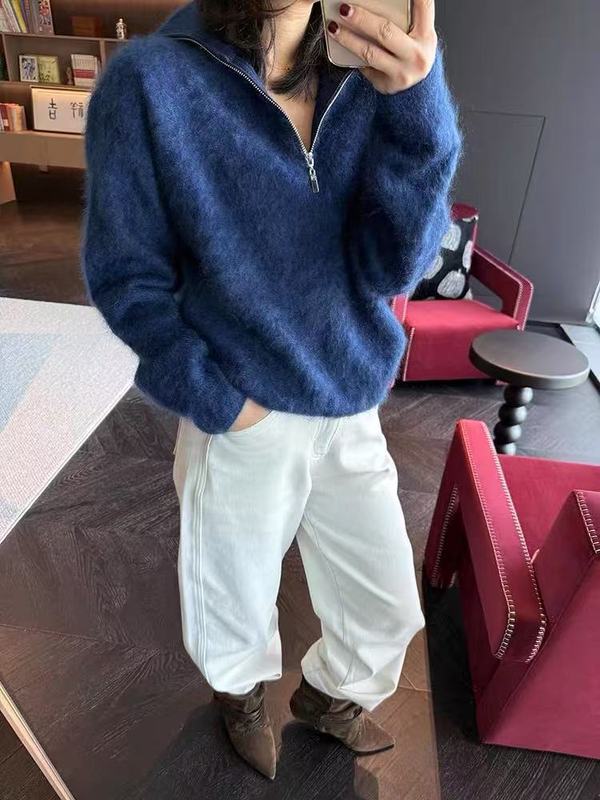跨境亚马逊仿水貂绒半拉链套头毛衣秋冬新款短款休闲针织衫上衣女|undefined
