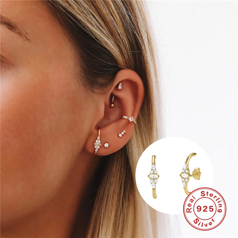 S925 Barra de plata pura línea curvada pétalo diamante pendientes europeos y americanos Venta caliente luz creativa de lujo pendientes geométricos