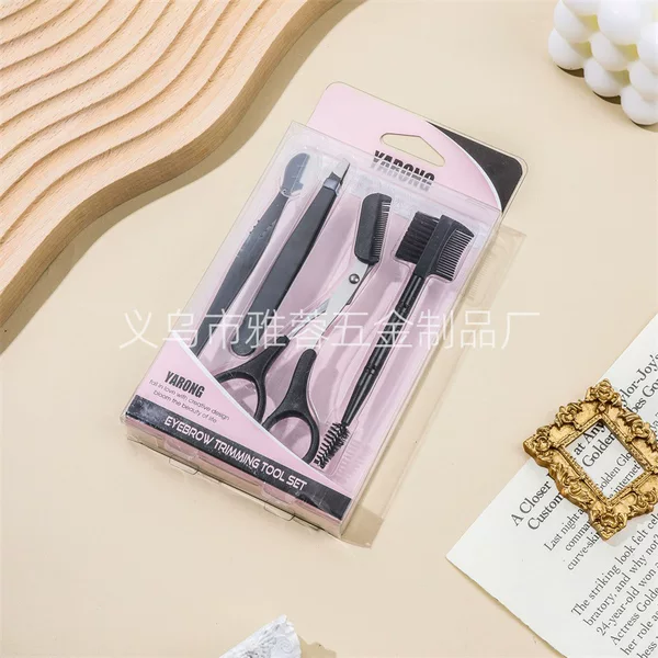 Creative black stainless steel eyebrow shaving eyebrow clip with comb eyebrow scissors beauty makeup tools two-color four-piece eyebrow suit