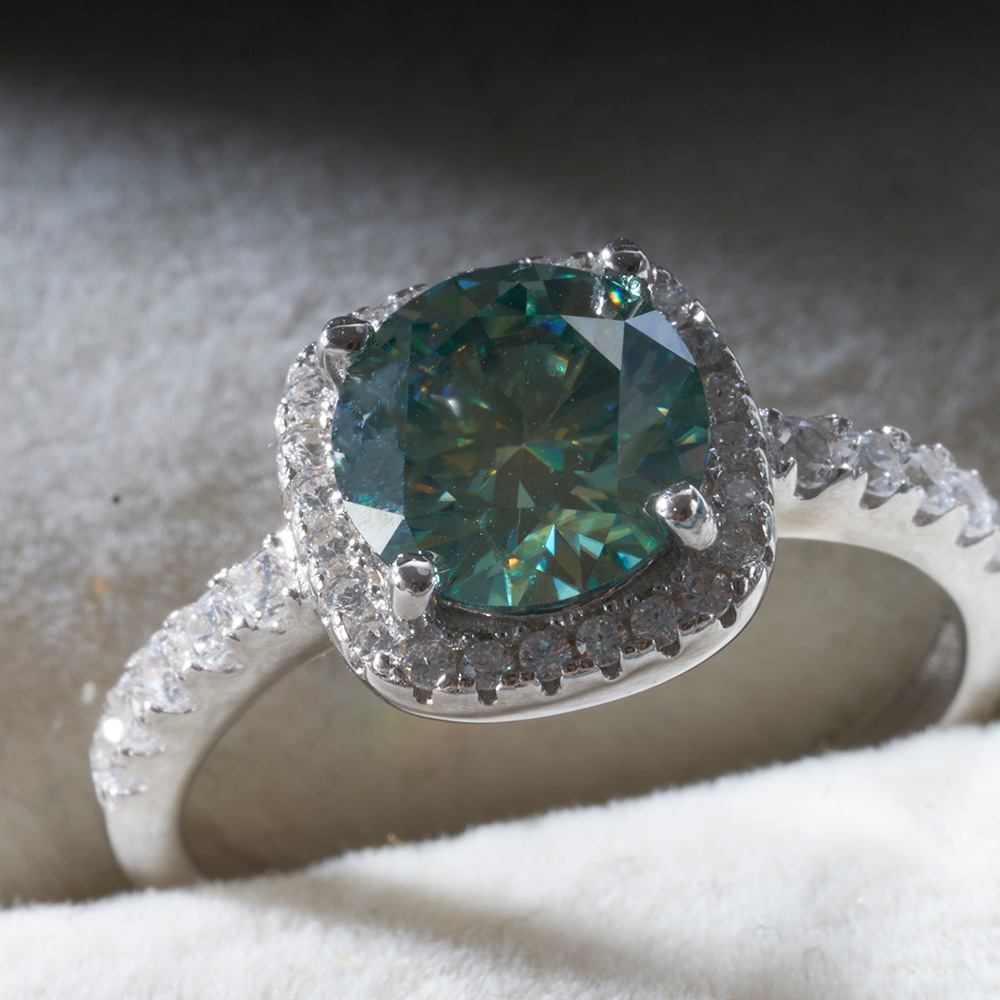 S925 plata esterlina pt950 oro femenino 1 quilates azul verde anillo de diamante de mosaico cuatro garras paquete cuadrado anillo de piedra de mosaico