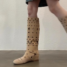 羊皮~复古波西米亚内增高6cm女靴西部牛仔靴透气显瘦镂空高筒靴子