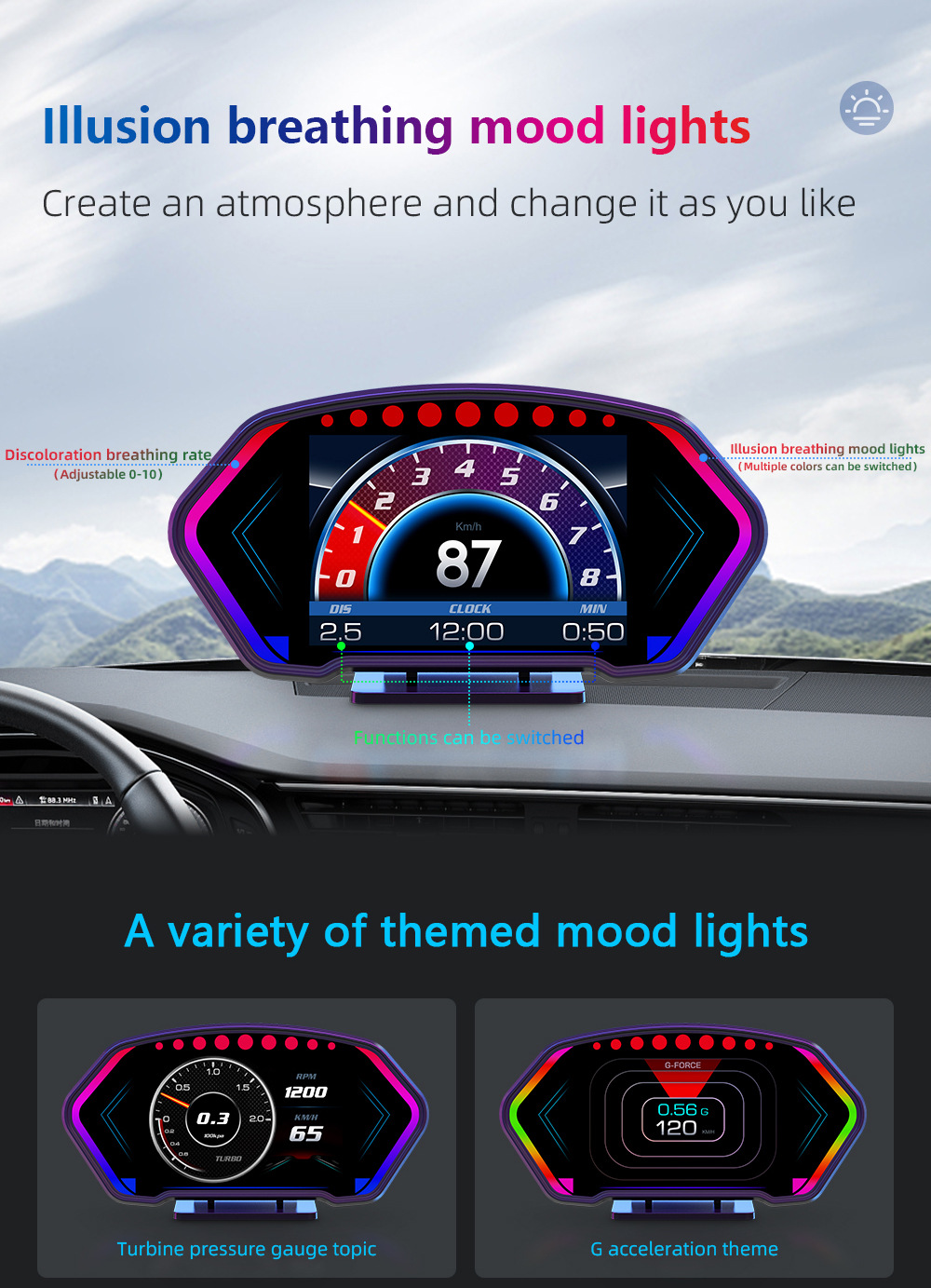 HUD car head-up display multi-functional vehicle-mounted LCD inclinometer high-definition speed fuel consumption OBD+GPS instrument