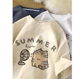 儿童短袖2025年夏季新款卡通猫咪印花中小童男女宝宝运动短袖T恤