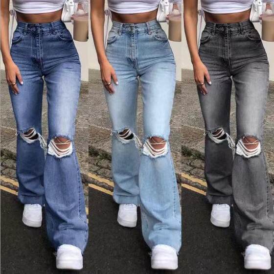 Independent station Europe and the United States cross-border foreign trade Factory Direct hole high waist straight tube wide leg mopping denim pants women